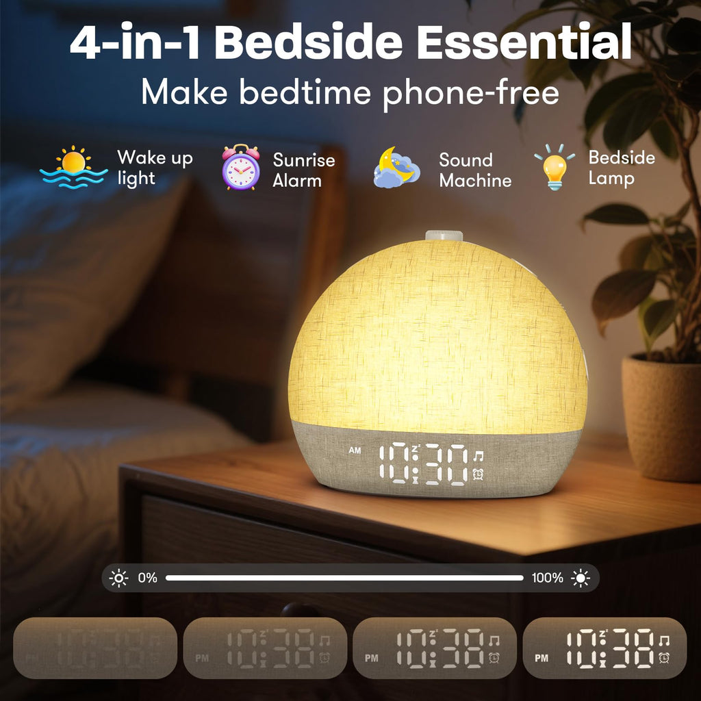 Wake Up Light Sunrise Alarm Clock,White Noise Machine with 30 Soothing Sounds,Stepless Dimmer Digital Alarm Clock Bedside Night Light 12 Colors, Alarm Clocks for Heavy Sleepers Adults/Kids/ Bedroom