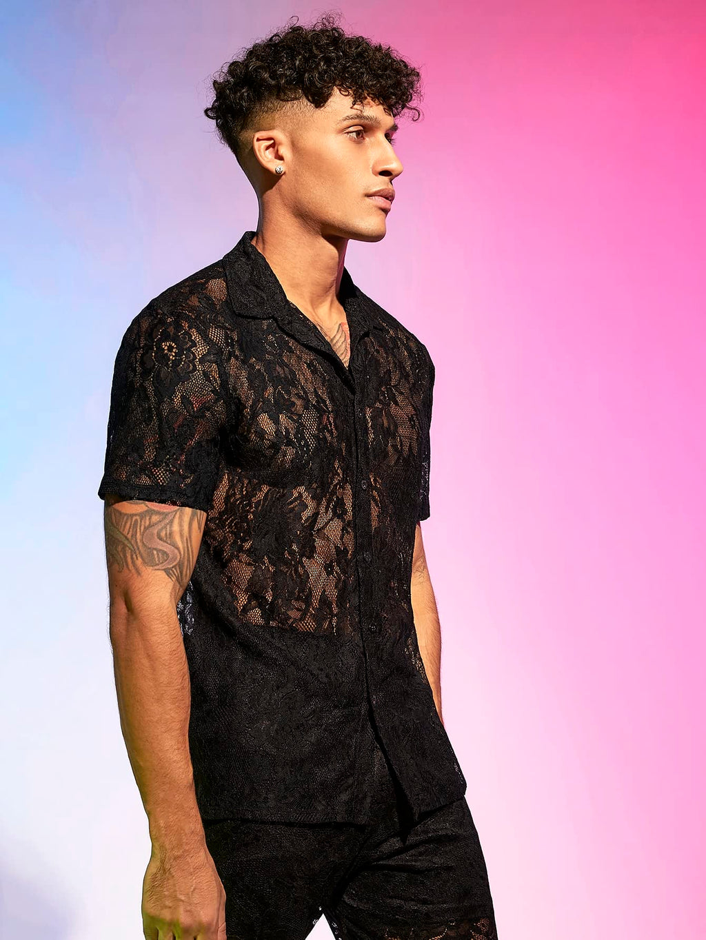 WDIRARA Men's Floral Mesh Tee Top Sheer Round Neck Short Sleeve T Shirts Black Lace XL