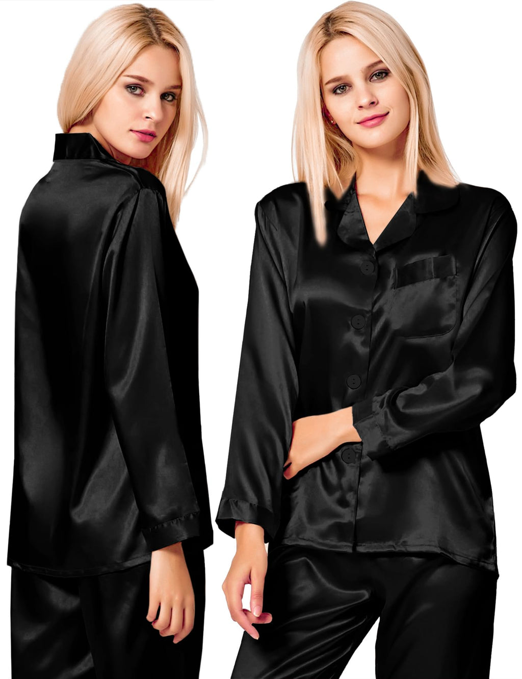 SWOMOG Long Sleeve Pajamas Set Silk Satin Sleepwear Button Down Pjs Loungewear with Pocket Black X-Large