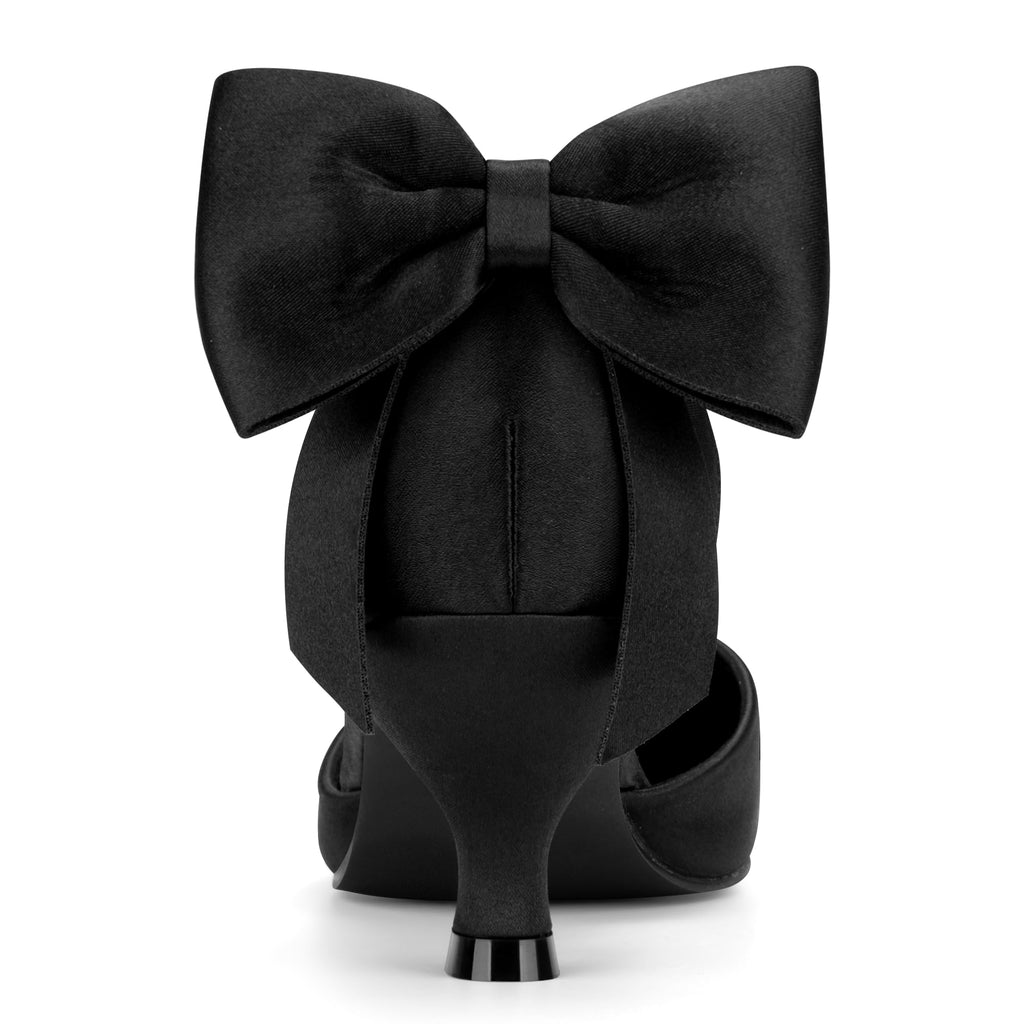 Carcuume Women's Kitten Heels with Bow Closed Toe Pumps Ankle Strap Wedding Shoes, Beni-Black Satin-8
