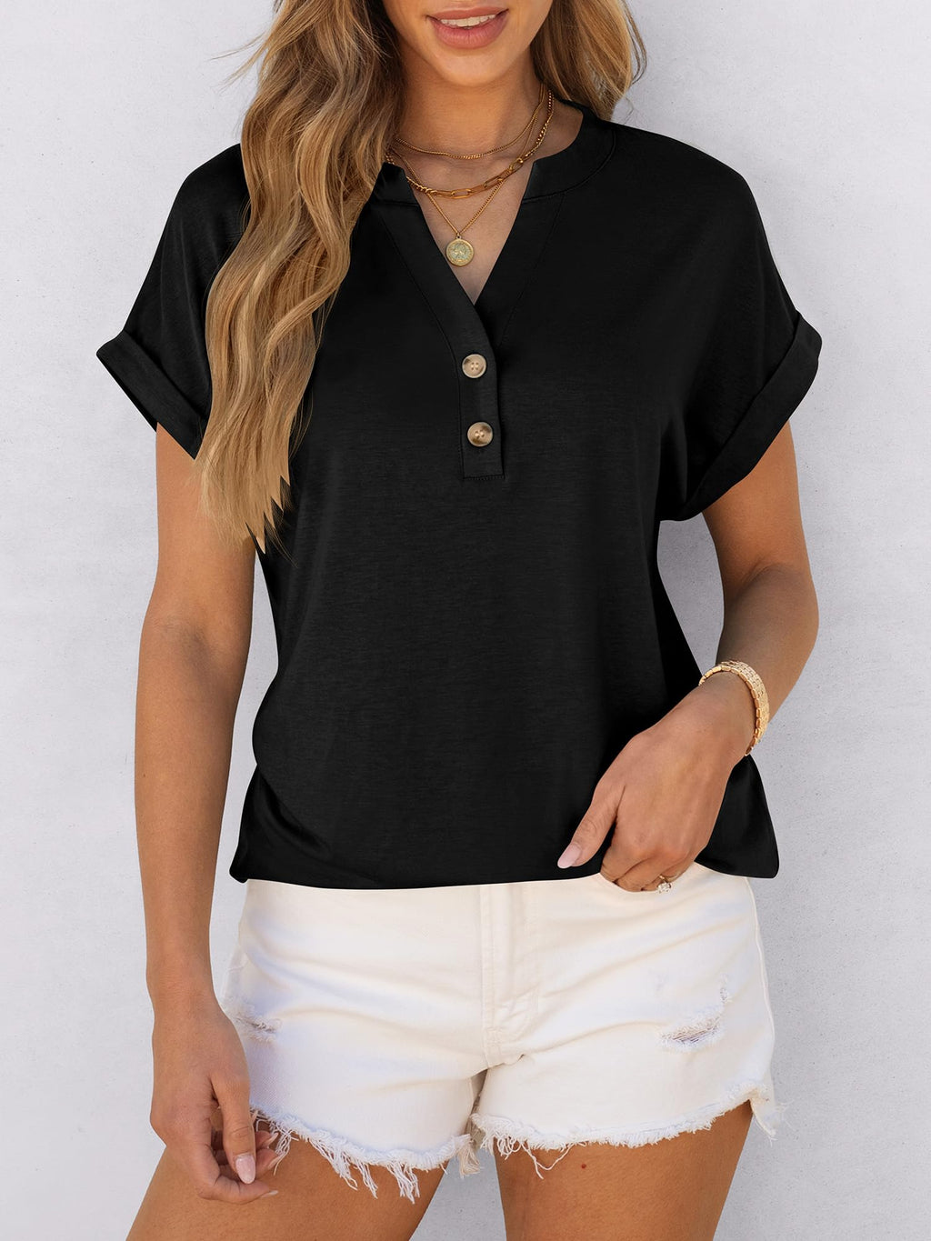 ANRABESS Womens Short Sleeve Henley Tops V Neck Dressy Casual Blouses Summer Trendy Tee Shirts 2026 Vacation Fashion Clothes Black XL