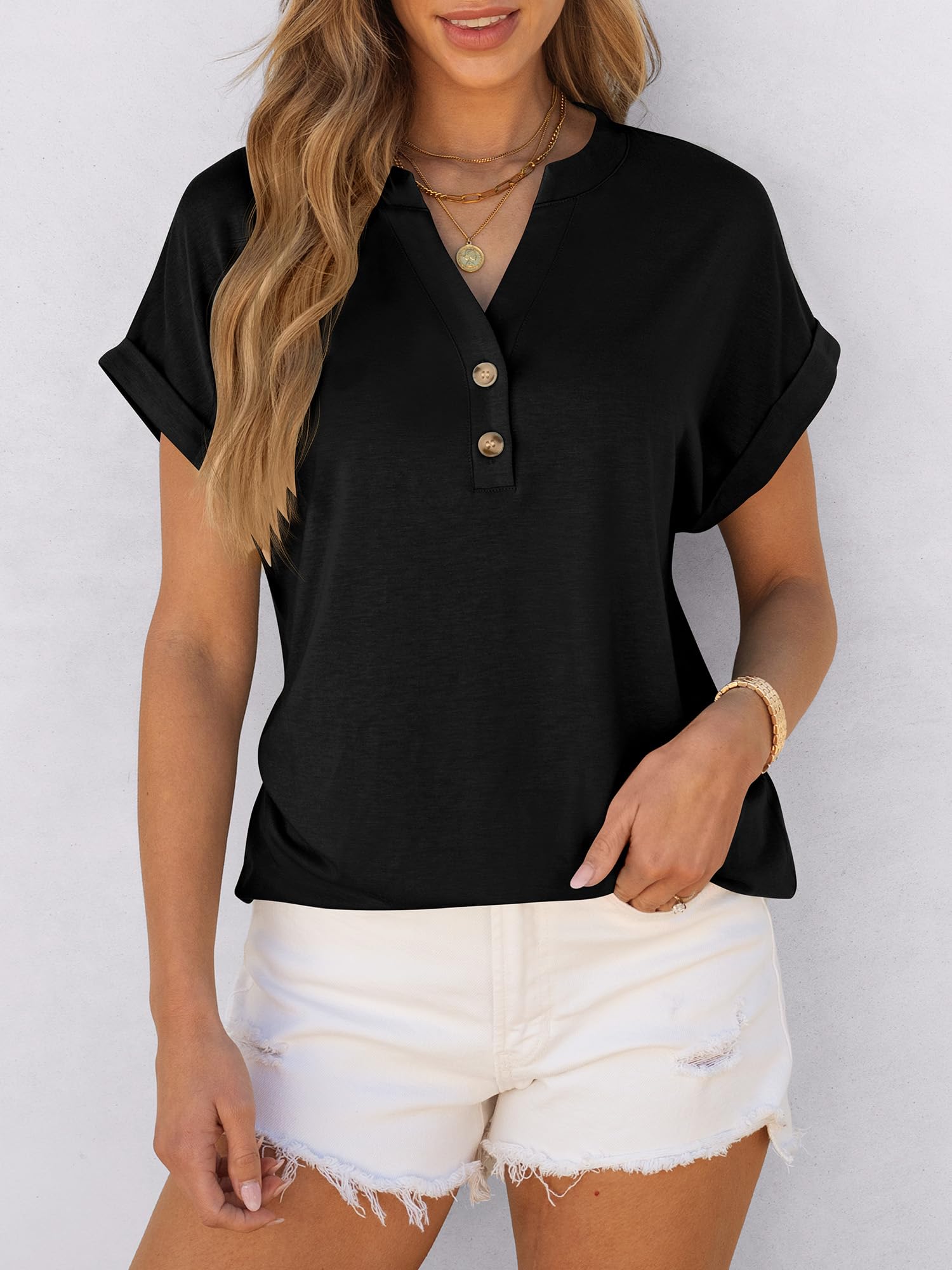 ANRABESS Womens Short Sleeve Henley Tops V Neck Dressy Casual Blouses Summer Trendy Tee Shirts 2026 Vacation Fashion Clothes Black XL