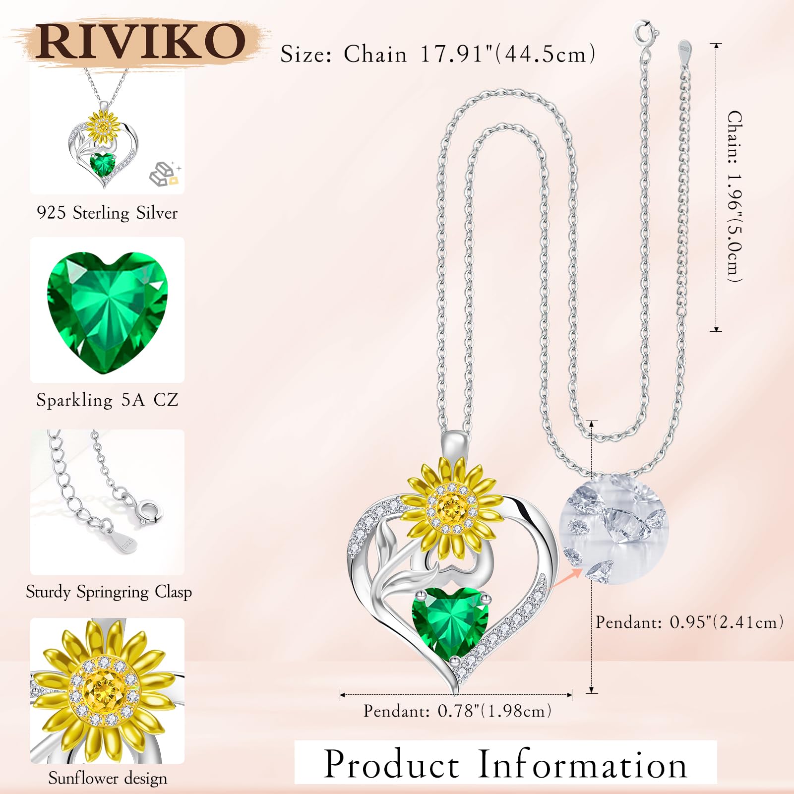 RIVIKO Valentine's Day Gifts for Her-Sunflower Birthstone Necklace for Women,925 Sterling Silver Heart Pendant,Anniversary Birthday Gifts for Women,May Birthstone Jewelry for Wife Mother