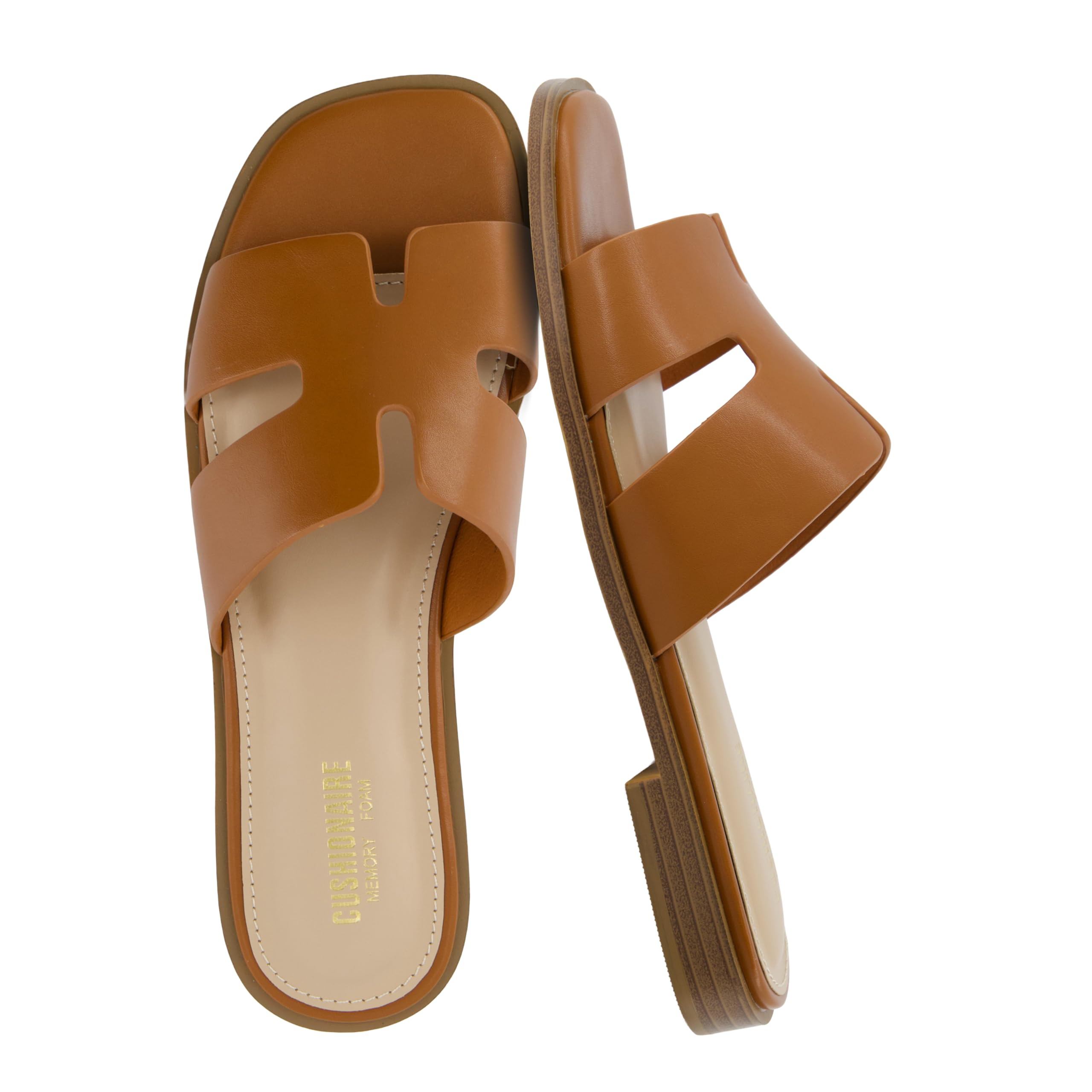 CUSHIONAIRE Voyage Cutout Strap Slides for Women, Slip On Summer Flats, Trendy Footwear, Memory Foam Vegan Leather Comfortable Vacation Style Sandals 2026, WHISKEY 9.5