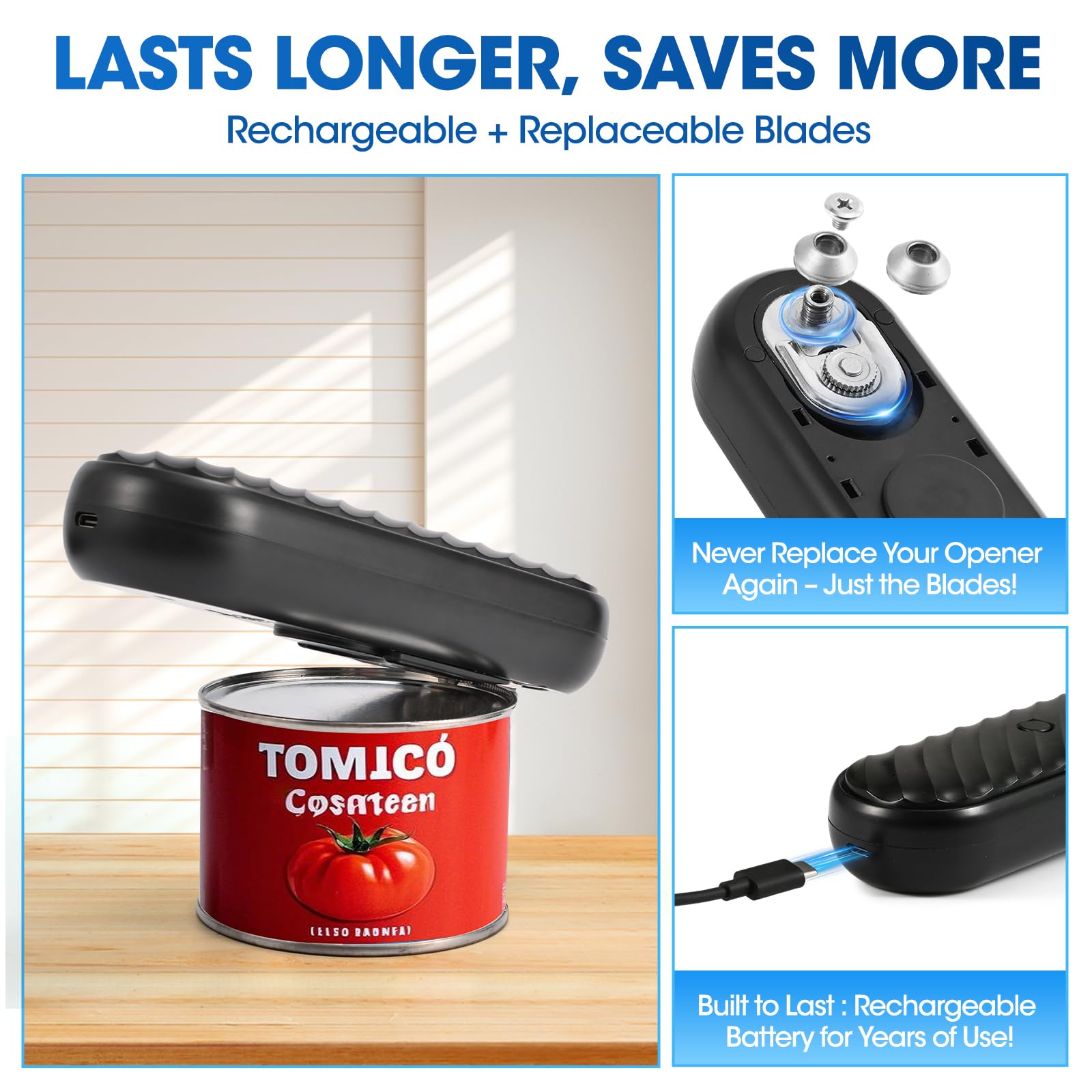 Electric Can Opener for Seniors, One-Touch Automatic Can Opener with Smooth Edge, USB Rechargeable, Cordless Battery Operated, Handsfree, for All Can Sizes, Kitchen Gadgets for Arthritis Users, Black
