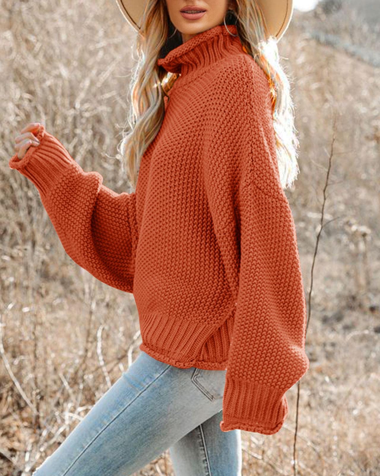 Saodimallsu Womens Turtleneck Oversized Sweaters Batwing Long Sleeve Pullover Loose Chunky Knit Jumper Brick Red