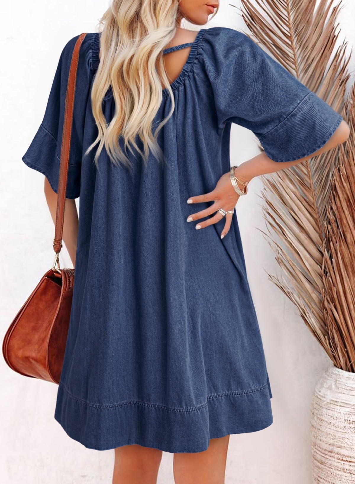 Dokotoo Navy Blue Dress for Women 2026 Fashion Tie Front Denim Dress Scoop Neck Short Sleeve A-Line Lightweight Flowy Jean Dress Plus Size Trendy Outfit X-Large