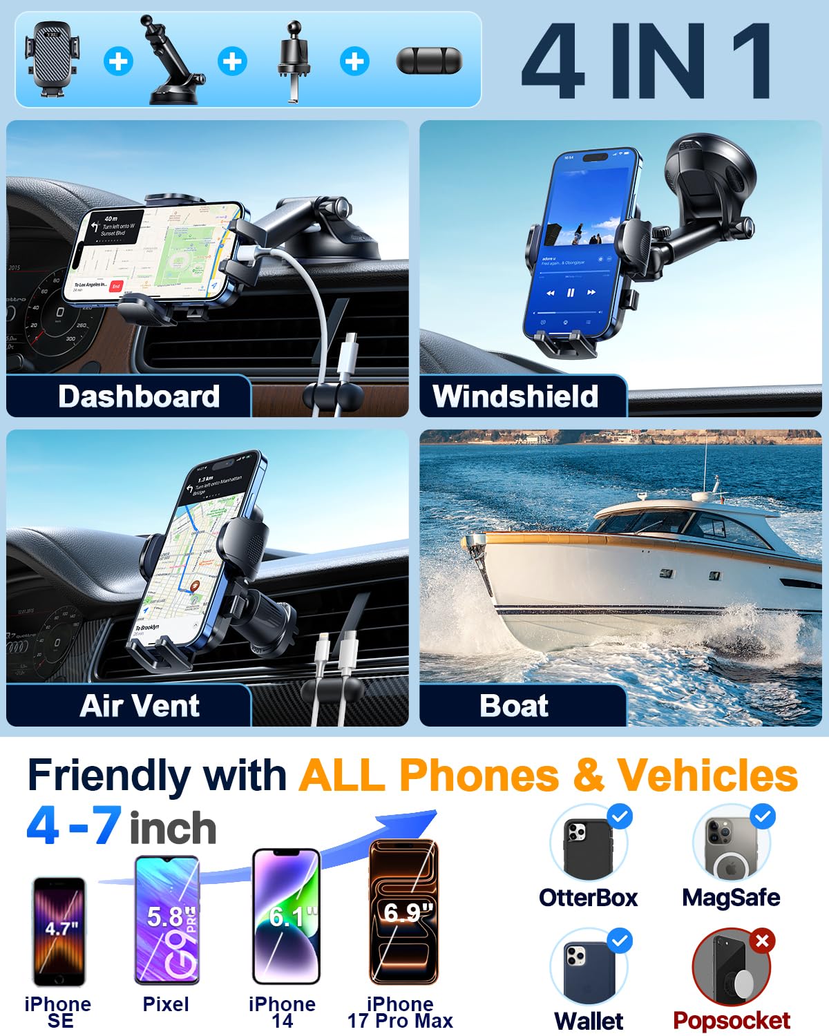 YRU True Military-Grade [360° Rotation Suction] 2026 Ultimate Car Phone Holder Mount 【90+LBS Safest Strongest & Patent Certs】 Dashboard Windshield Vent for iPhone 17 16 Pro Max Samsung, Gloss Black