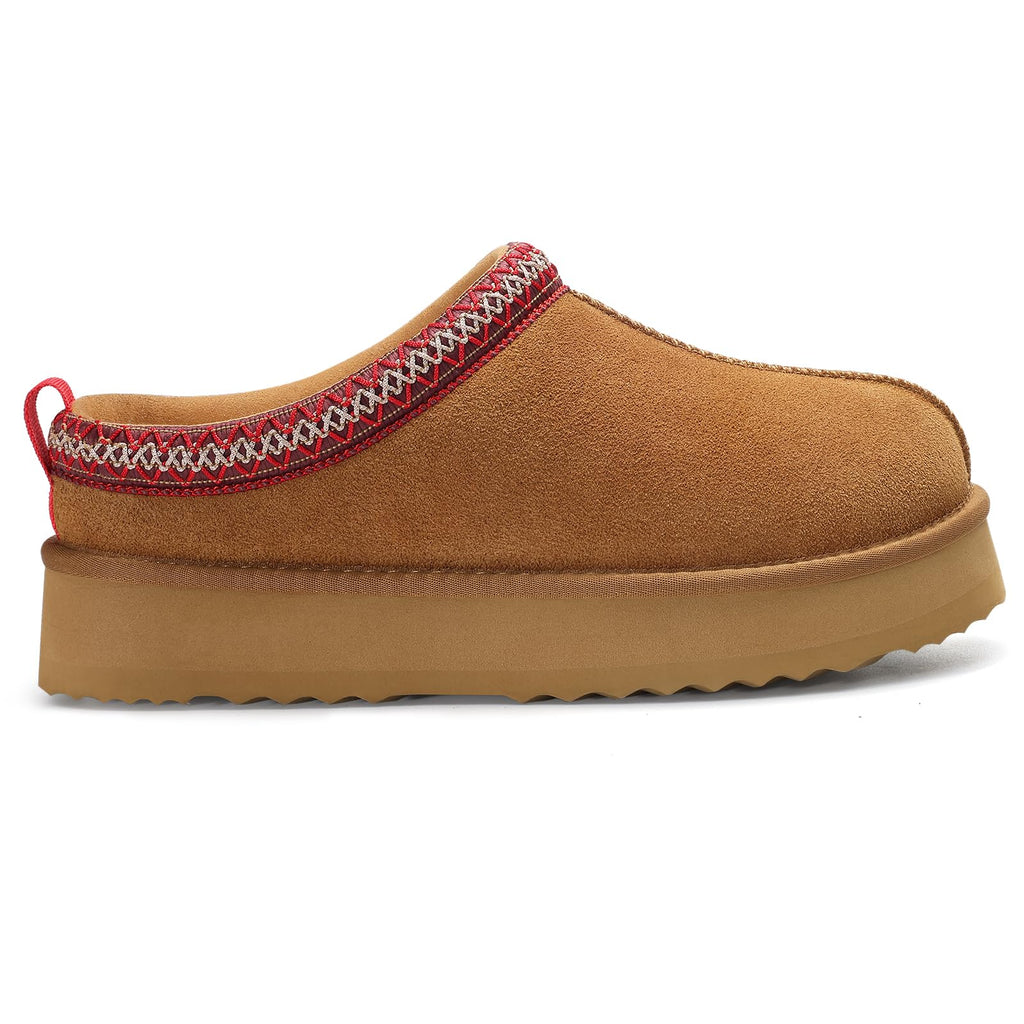 KIDMI Genuine Suede Platform Slippers for Women Fuzzy Winter Warm Shoes Indoor Outdoor, Chestnut 39