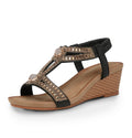 FRALOSHA Wedge Sandals for Women Elastic Ankle Strap Sandals Dressy Summer Rhinestone Glitter Casual wedge heels Open Toe Beach Platform Shoes Sandal Black 5