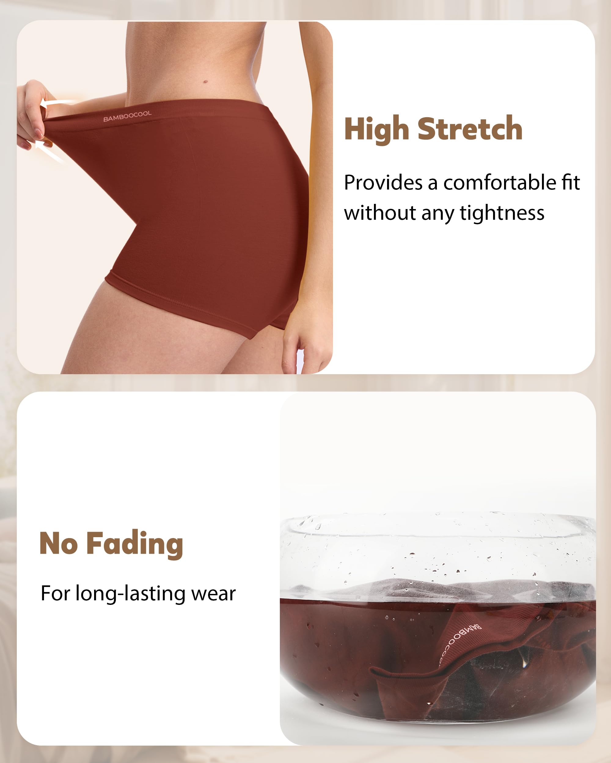 BAMBOO COOL Seamless Boyshort Underwear for Women Mid Waist Stretchy Panties Moisture Wicking Boxer Briefs 5 Pack