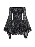 WDIRARA Women's Gothic Print Ruffle Off the Shoulder Dress Long Bell Sleeve Mesh Short Dresses Light Black X-Large