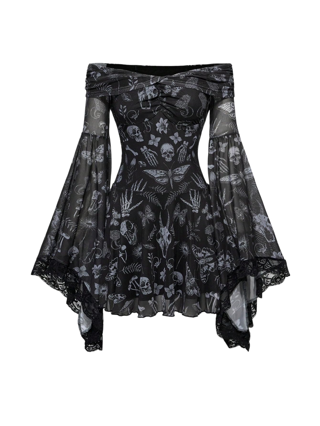 WDIRARA Women's Gothic Print Ruffle Off the Shoulder Dress Long Bell Sleeve Mesh Short Dresses Light Black X-Large