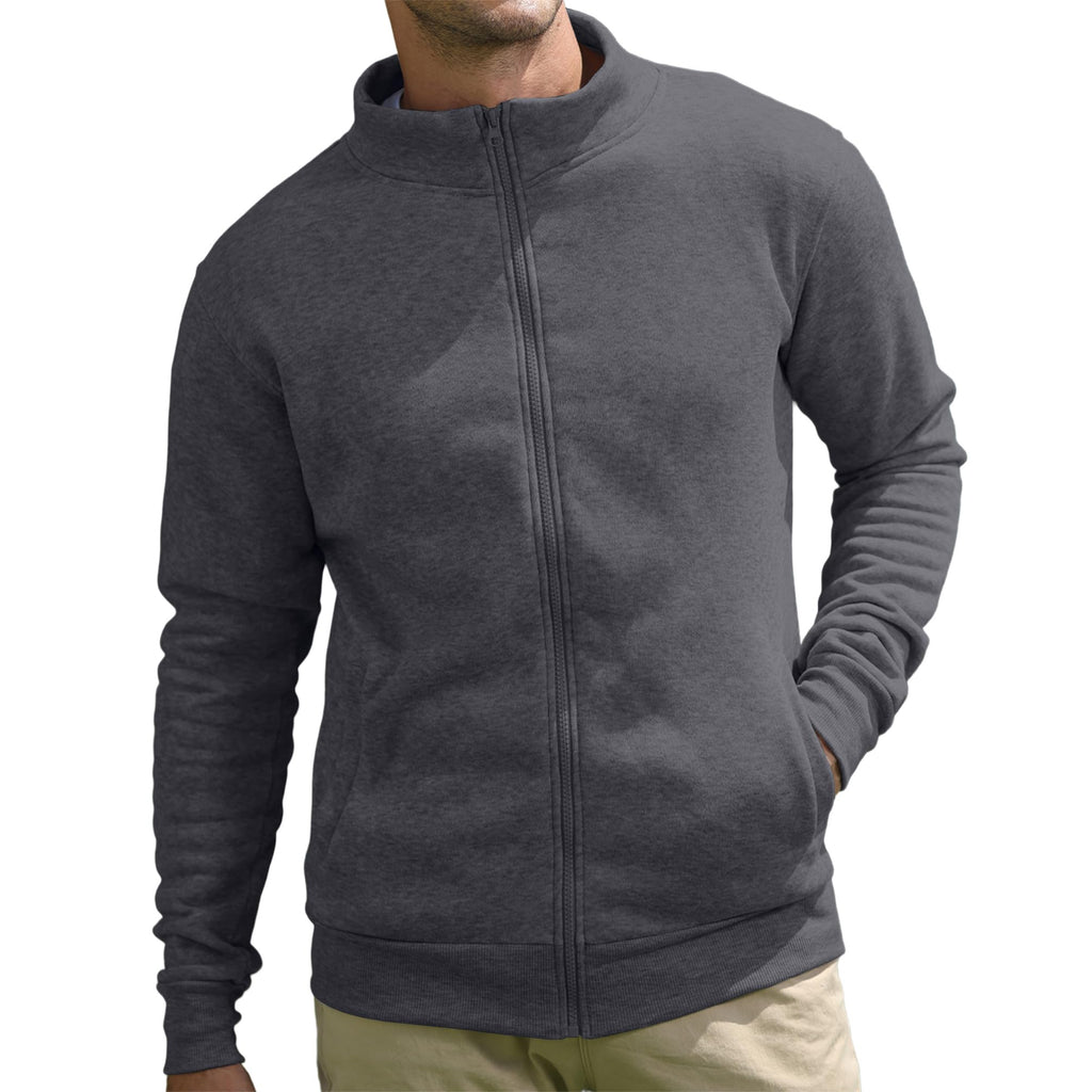 BRAPRO Men's Full-Zip Sweatshirt No Hood Hoodies Stand Collar Cardigan Pockets Jacket Casual & Active Loose Cotton Fleece Darkgrey M