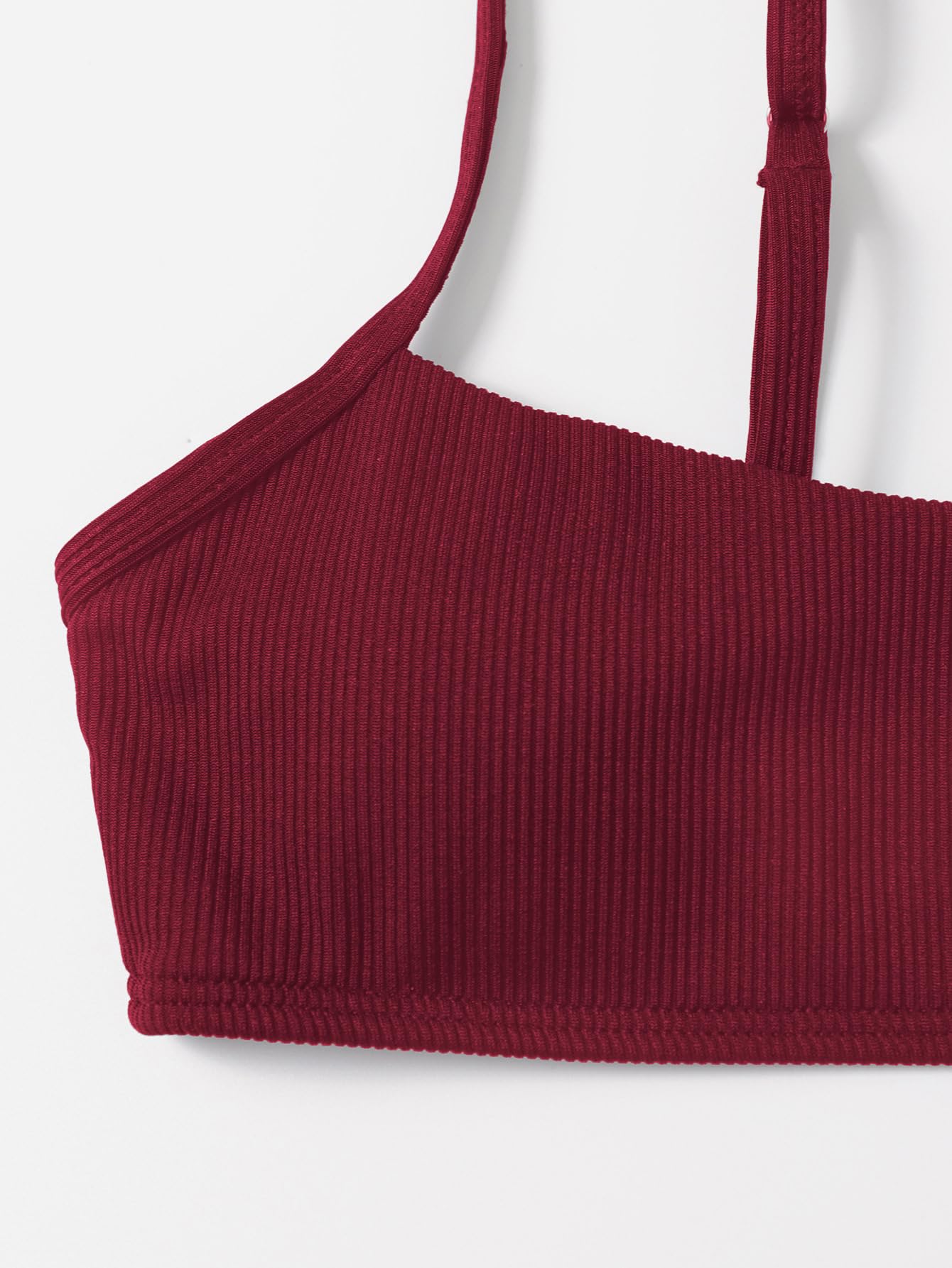 WDIRARA Women's Bandeau Swim Top Spaghetti Strap Ribbed Textured Wireless Bikini Tops Burgundy Medium