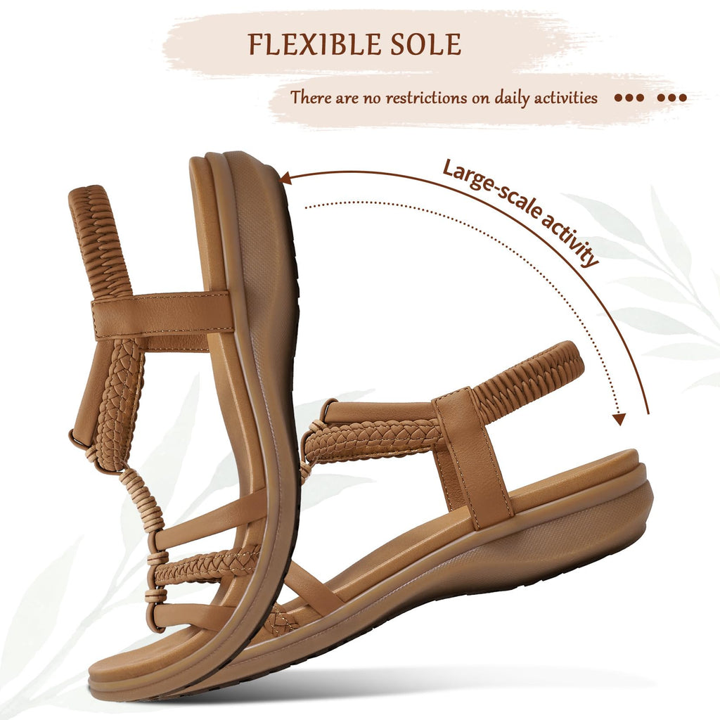 Littleplum Women Flat Sandals Arch Support Handmade Braided Gladiator Sandals Comfy Walking Beach Ankle Elastic Summer Shoes Brown Size 8