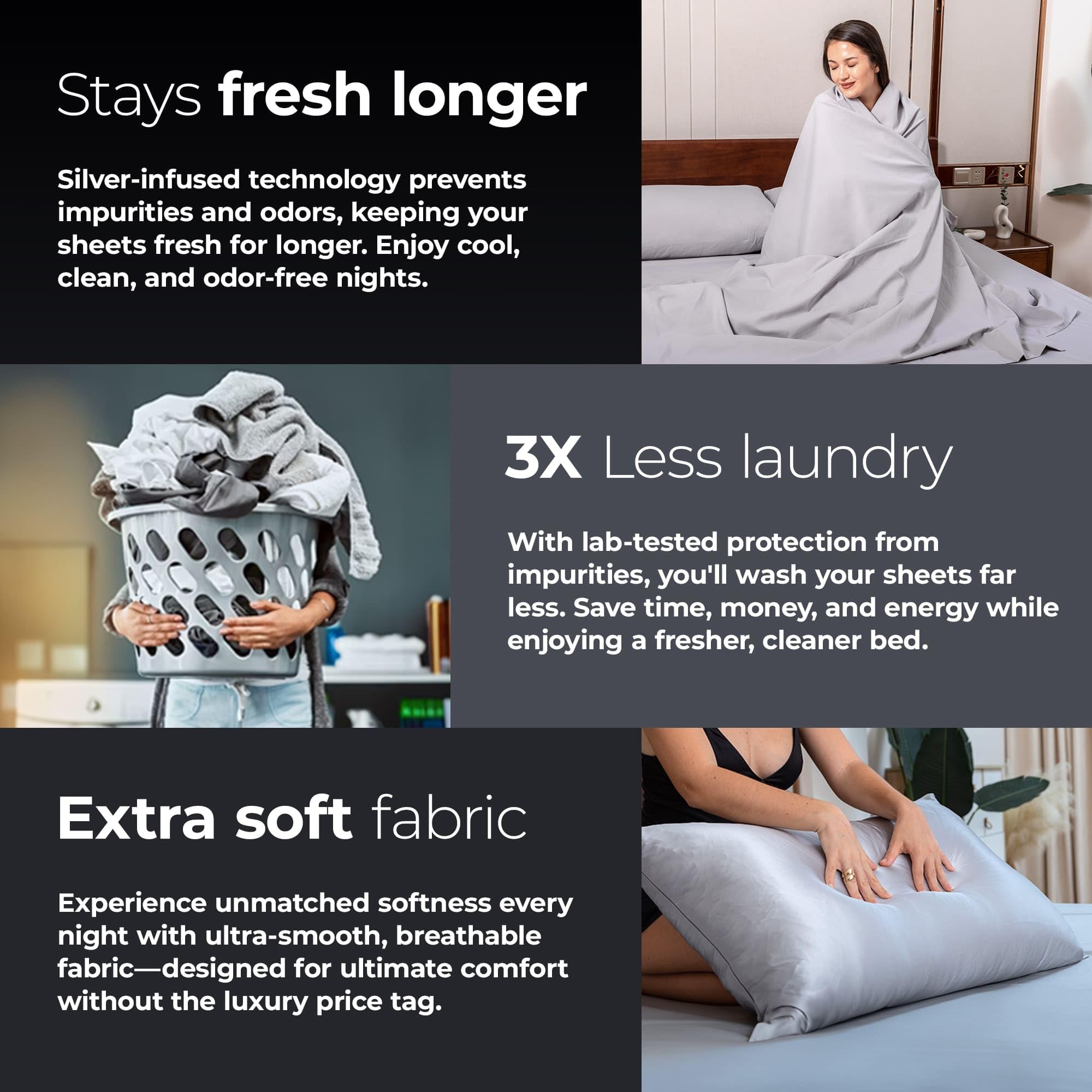 Silvery Silver Infused Bed Sheets Set - Ultra-Soft Temperature-Regulating Fabric with Self-Cleaning Technology™ That Stays Fresh 3X Longer for Hygienic Sleep (Gray, Queen)
