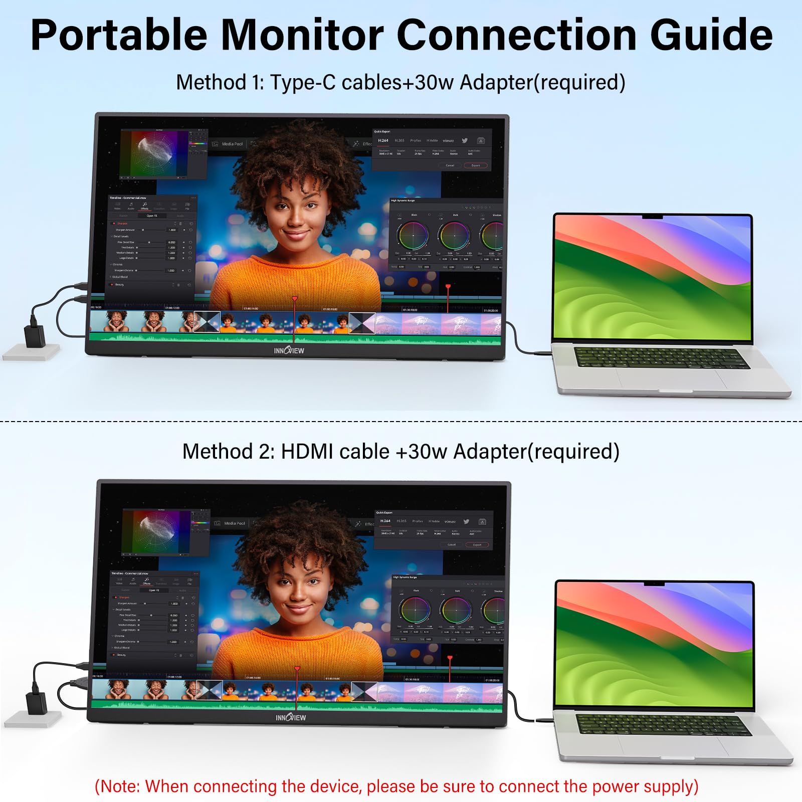 InnoView 23.8" Large Portable Monitor, FHD 144HZ 100% SRGB IPS USB-C HDMI Work Home Gaming Second Monitor 1080P W/180°Adjustable Stand for Laptop, MacBook, Phones
