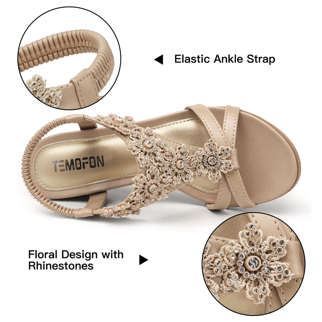 TEMOFON Women's Low Wedge Heels Summer Dressy Platform Sandals Elastic Ankle Strap Open Toe Flower Shoes Nude Size 8
