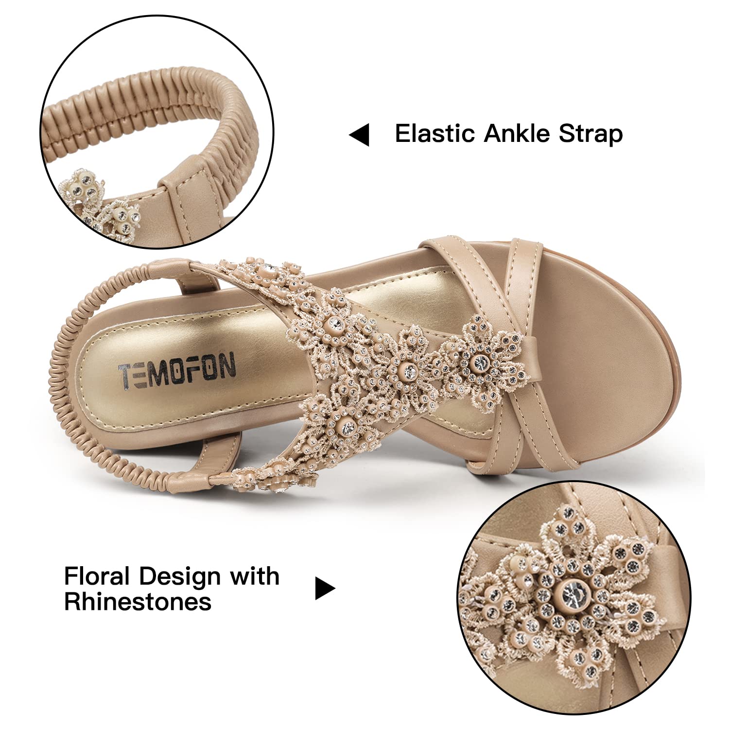 TEMOFON Women's Low Wedge Heels Summer Dressy Platform Sandals Elastic Ankle Strap Open Toe Flower Shoes Nude Size 8
