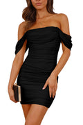PRETTYGARDEN Cocktail Dresses 2025 Summer Off Shoulder Sexy Bodycon Ruched Mesh Graduation Wedding Guest Mini Short Dress (Black,Small)