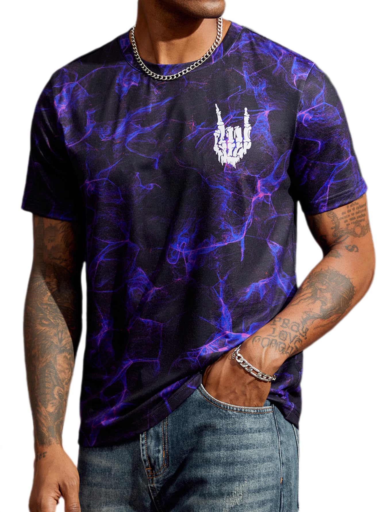 Hardaddy Men's Casual Tie Dye T-Shirts Short Sleeve Round Neck Graphic Tee Rock Band Tee Shirts Purple Black XL