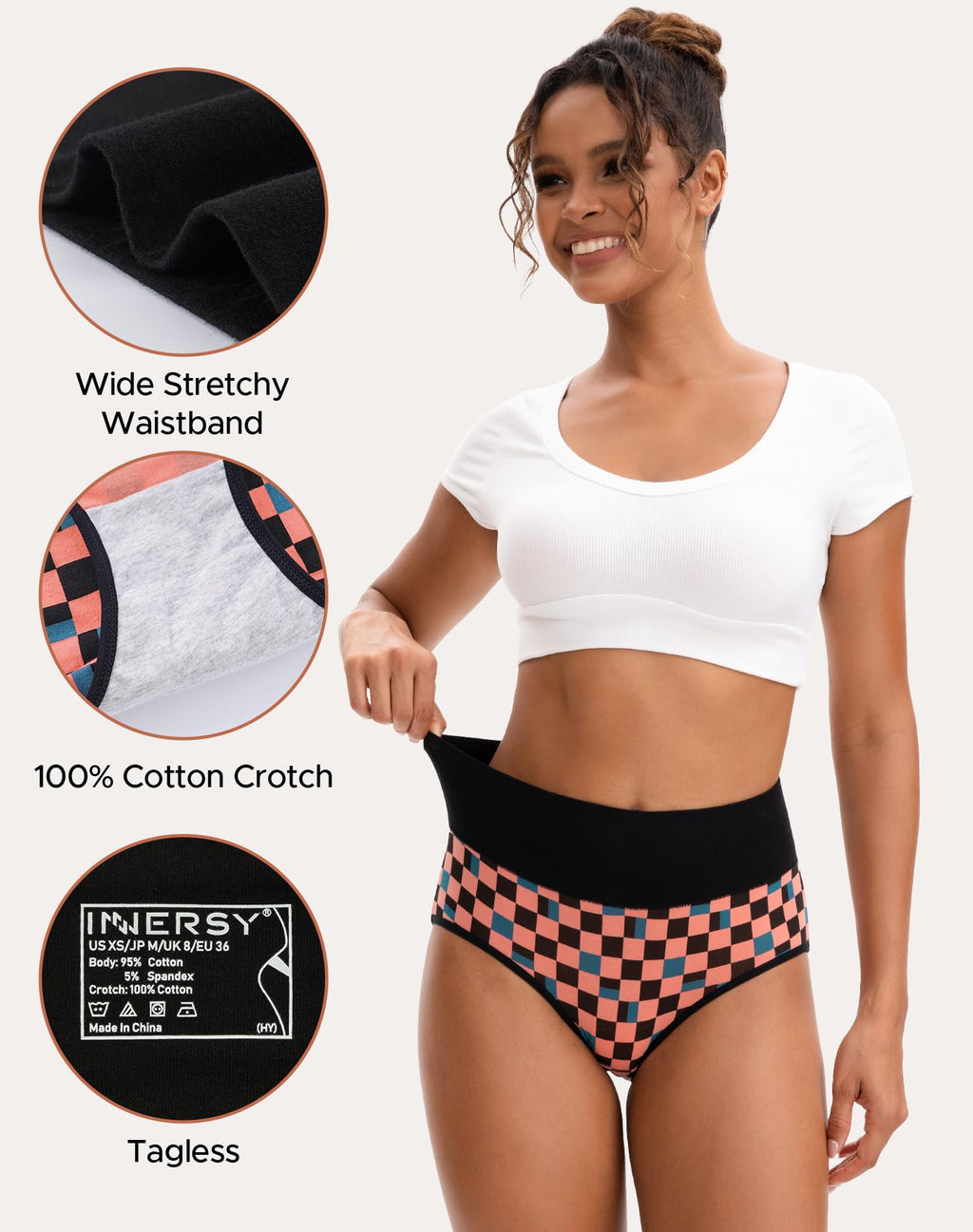 INNERSY Women's High Waisted Underwear Cotton Panties Regular & Plus Size 5-Pack(Chessboard,3X-Large)