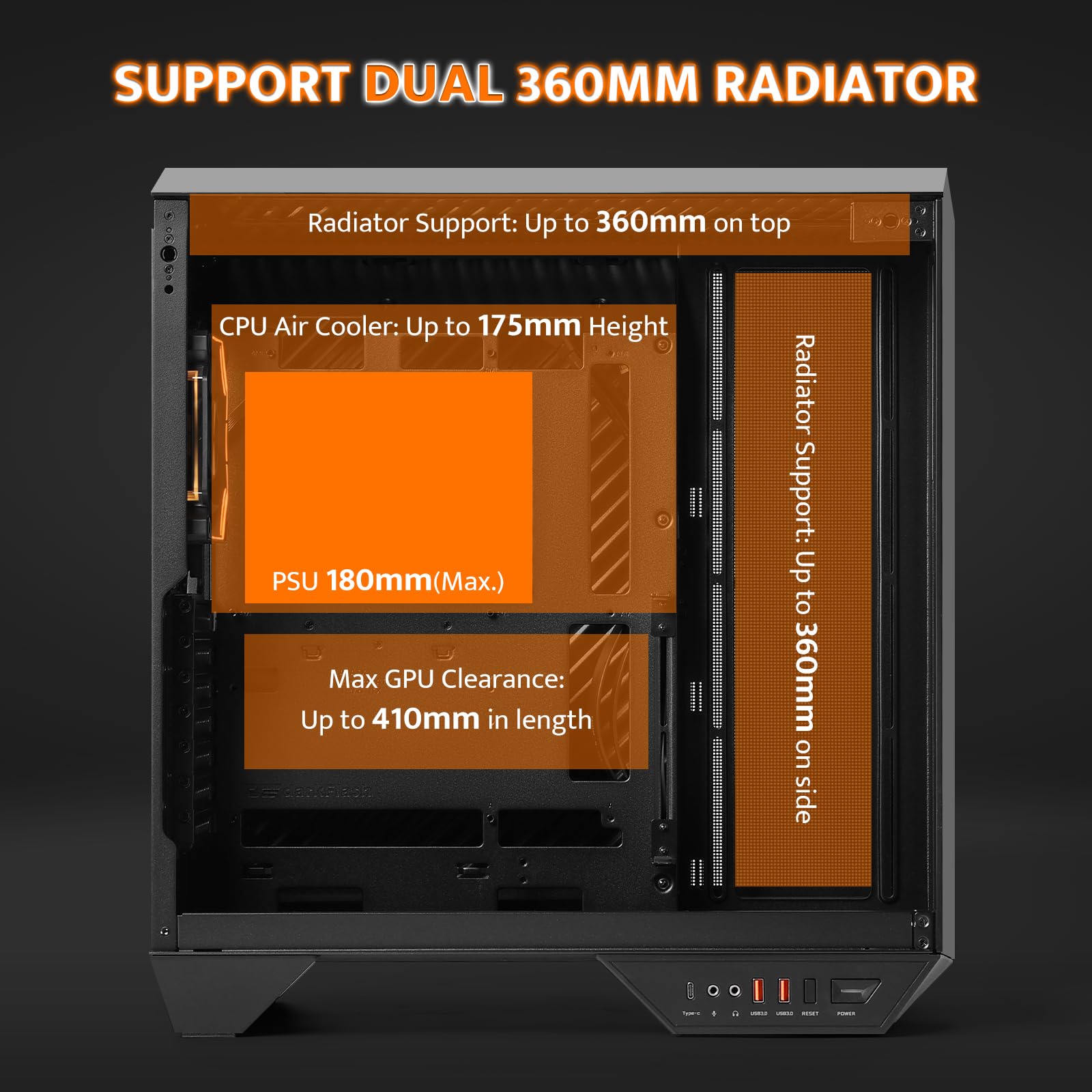 darkFlash Full-Tower ATX Gaming PC Case, Back Plug-in Motherboard, Vertical GPU Mounting, Dual-Chamber, Panoramic Glass, Up to 2 x 360mm Radiators, RTX 40 Compatible(DY470) (4 PWM ARGB Fans, Black)