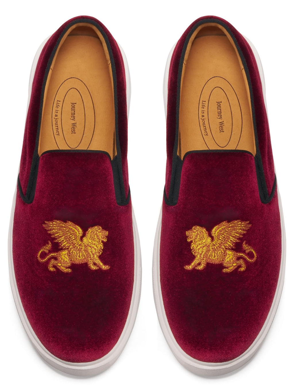 Journey West Men's Fashion Velvet Sneakers with Embroidery Light Weight Comfortable Slip-On Walking Shoes for Men Lion Burgundy US 8.5