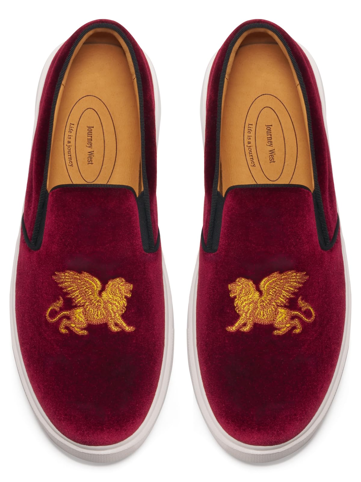 Journey West Men's Fashion Velvet Sneakers with Embroidery Light Weight Comfortable Slip-On Walking Shoes for Men Lion Burgundy US 8.5