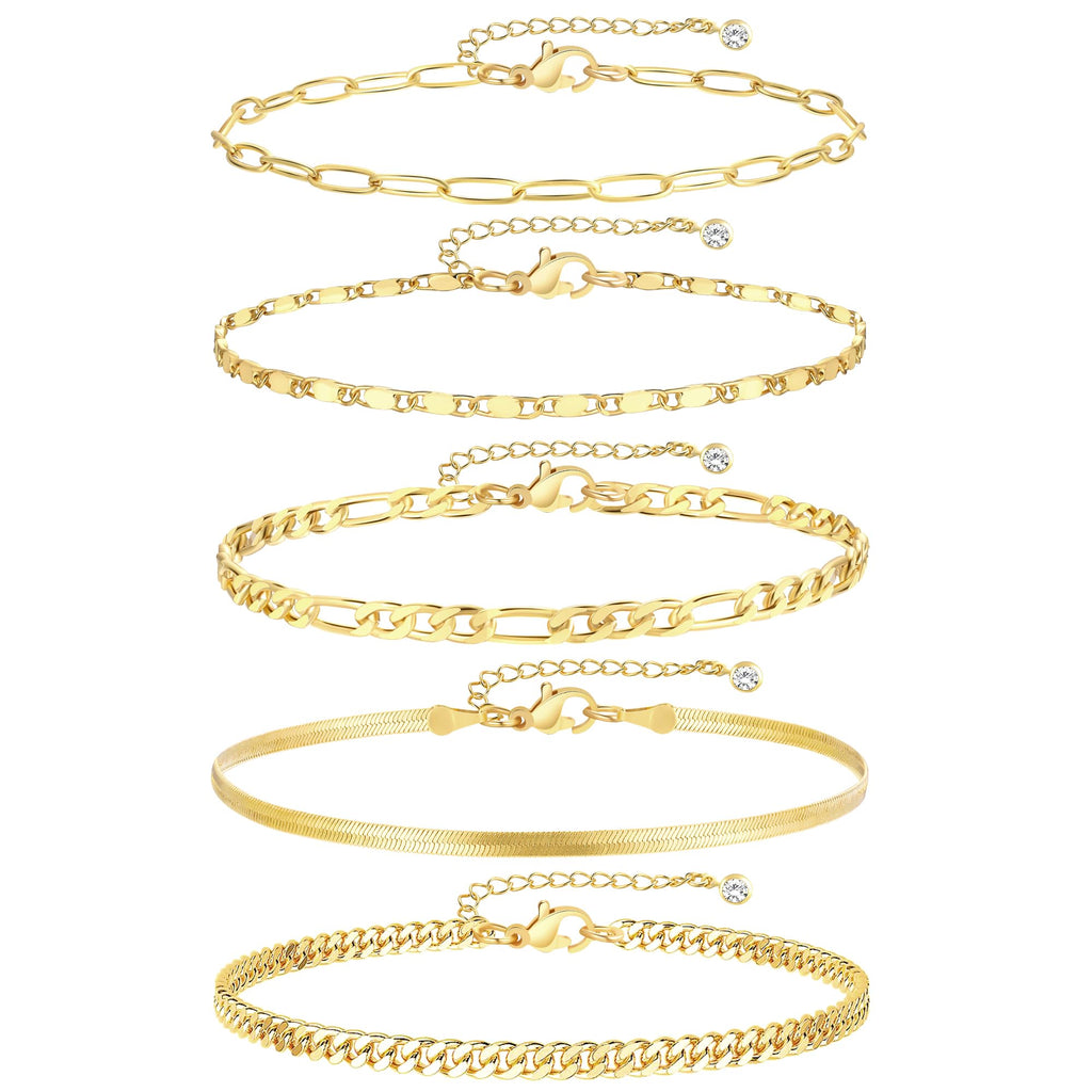 iF YOU Gold Ankle Bracelets for Women, 14k Gold Plated Waterproof Cuban Link Chain Anklets Set, Layered Anklet Bracelets for Women Beach Gift Adjustable Size 5pc