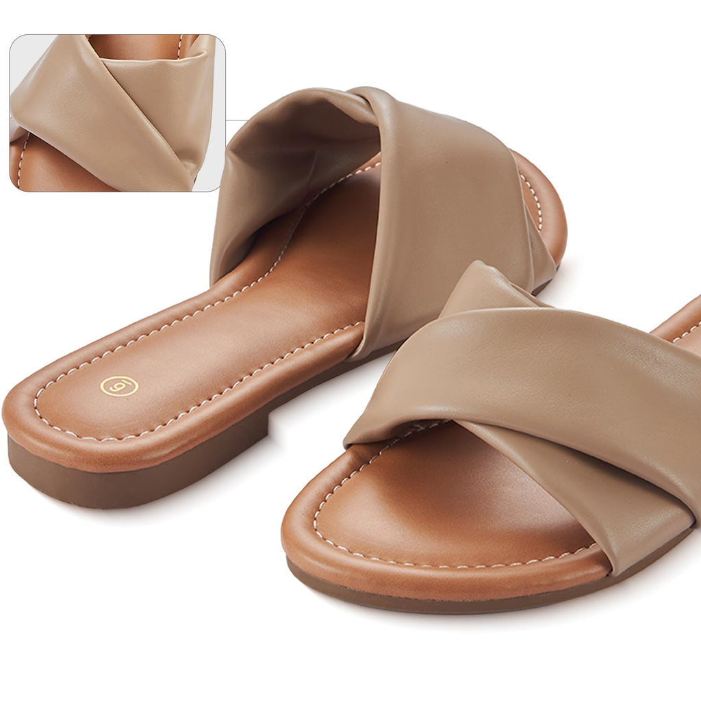 YTSKJ Women's Flat Sandals Round Open Toe Comfortable Fashion Cute Ladies Slides Sandals Women Dressy Summer Flat Leather Casual Fashion Beach Shoes Camel Size 9