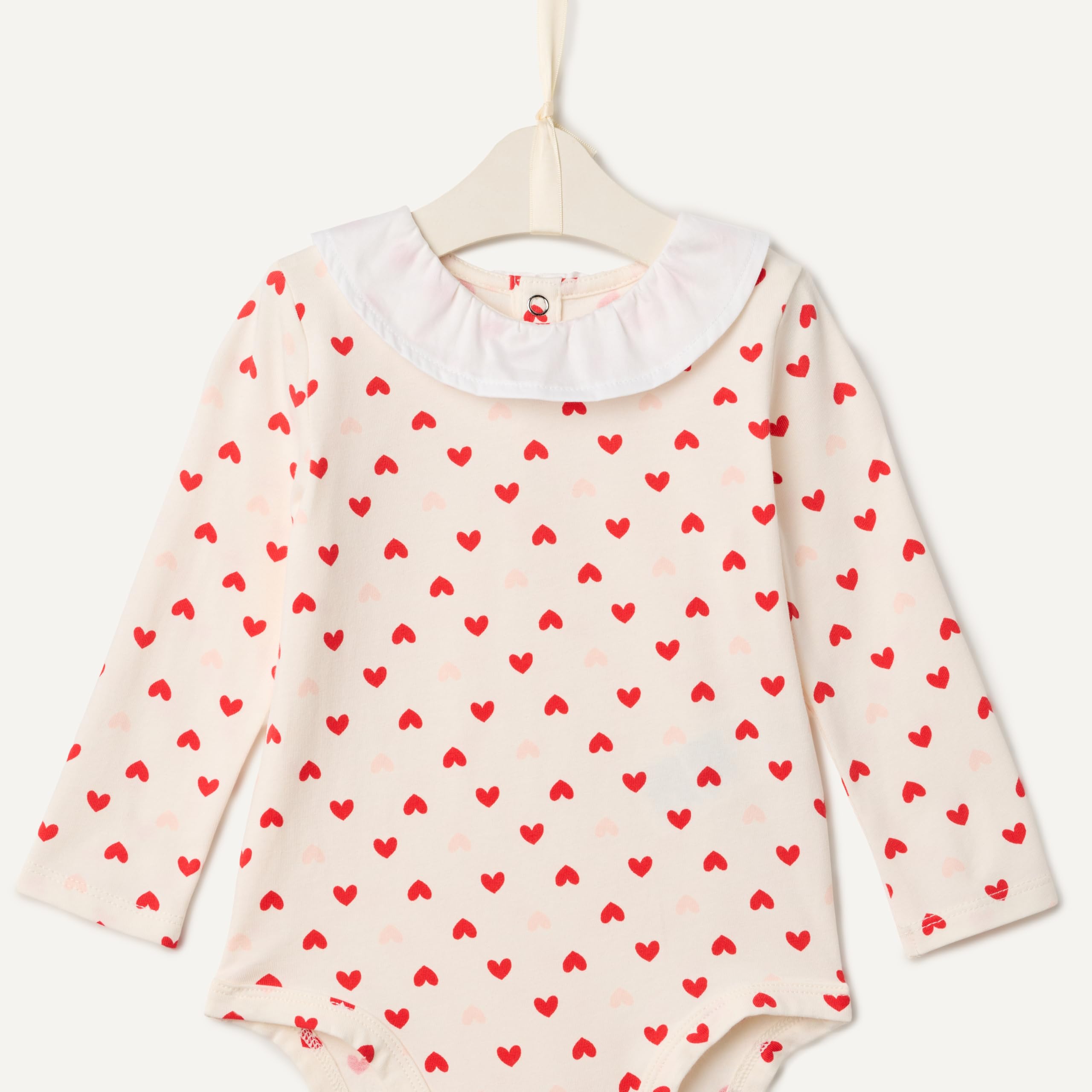 Amazon Essentials x Sofia Grainge Baby Girls' Long Sleeve Ruffle Collar Bodysuit, Pack of 2, Red/Hearts, 6-9 Months