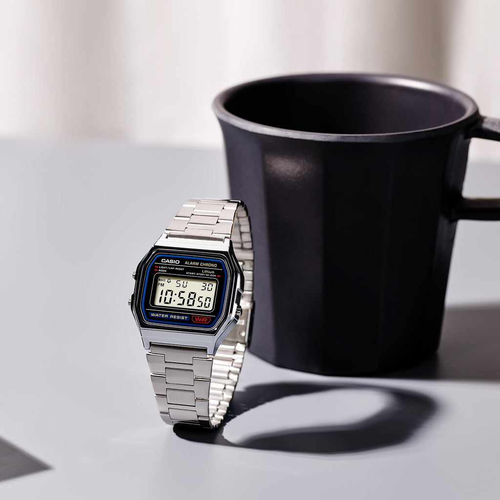 Casio A158WA Series | Unisex Digital Watch | Silver/Black | Vintage | WR | 100 SEC Stop Watch | Daily Alarm | Regular Time Keeping: Hour, Minute, Second, PM, Date, Day | Led Light | 7 Yr Battery