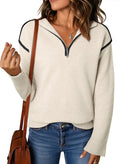 EVALESS Women's Casual Long Sleeve Quarter Zip Pullover Sweaters 2025 Fashion Trendy Fall V Neck Collar Ribbed Knitted Chunky Loose Clothes Outfits,Beige Small