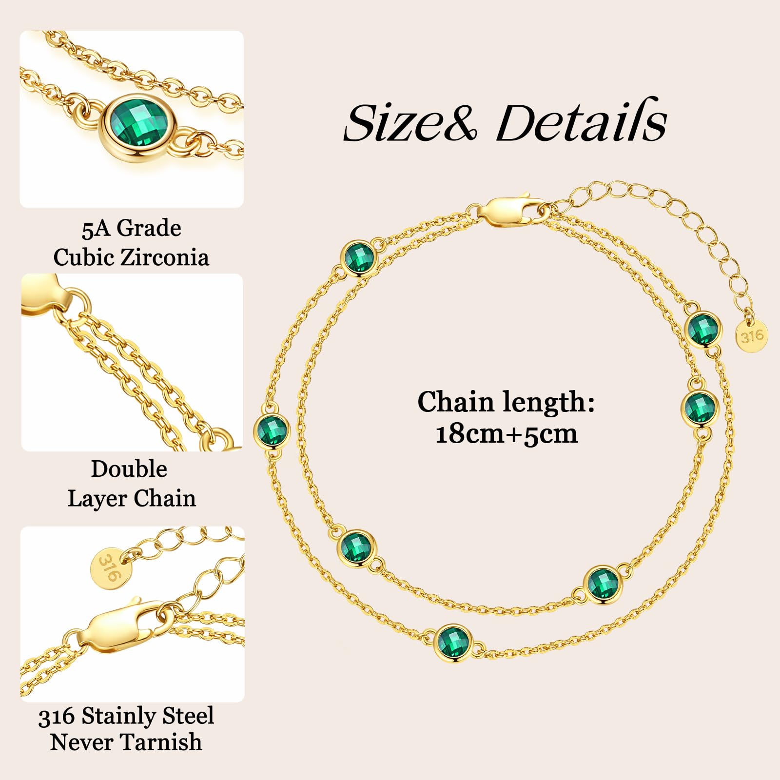 LOUISA SECRET Mothers Day Gifts Birthstone Bracelets for Women, Charm Link Double Strand Bracelet for Mom Wife Her, Birthday Anniversary Christmas