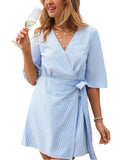 CUPSHE Women's Summer Dresses Striped V Neck Short Sleeve Kimono Wrap Tie Front Mini Dress Blue, M