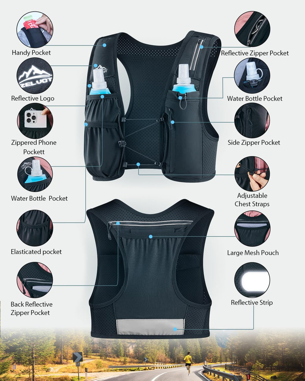 Zelvot Running Vest for Women Men, USA Original Patent, Adjustable Chest Straps Running Hydration Vest with 500ml Soft Flask, Lightweight Reflective Hydration Backpack for Hiking Marathon (Black, M/L)