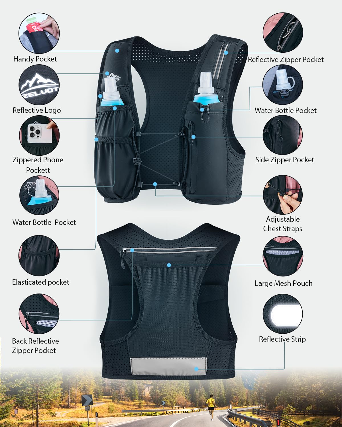 Zelvot Running Vest for Women Men, USA Original Patent, Adjustable Chest Straps Running Hydration Vest with 500ml Soft Flask, Lightweight Reflective Hydration Backpack for Hiking Marathon (Black, M/L)