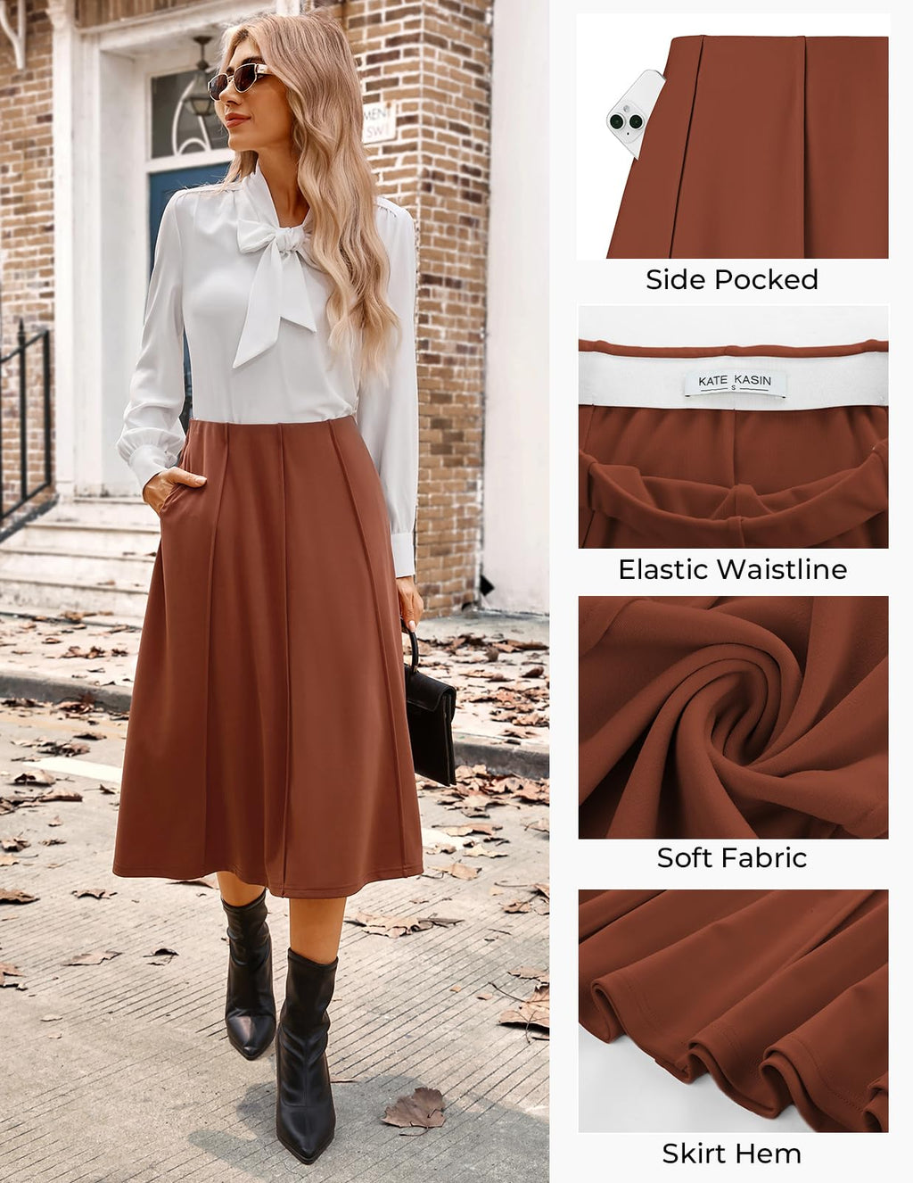 Kate Kasin Women's Long Brown Pleated Midi Skirt Fall Winter 2026 High Waisted Knee Length Flowy A Line Skirts with Pockets