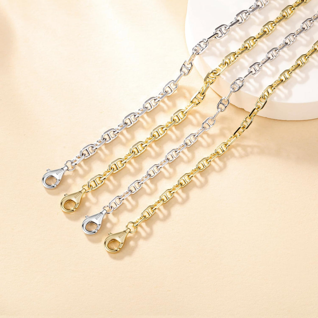 FANCIME 'Sunlit Grace' 14K Gold Plated Silver Chain for Men Women,925 Sterling Silver Solid Flat Mariner Curb Link Chain Necklace for Men & Women(3.1mm,20 inch)