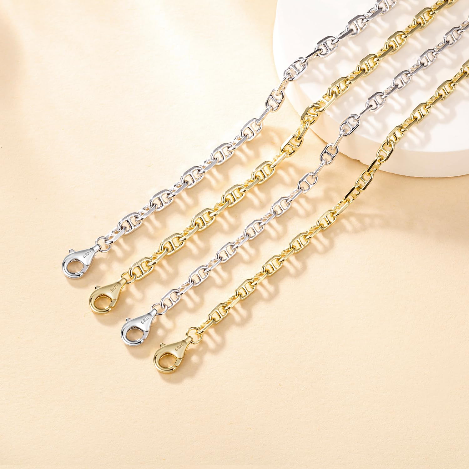 FANCIME 'Sunlit Grace' 14K Gold Plated Silver Chain for Men Women,925 Sterling Silver Solid Flat Mariner Curb Link Chain Necklace for Men & Women(3.1mm,20 inch)