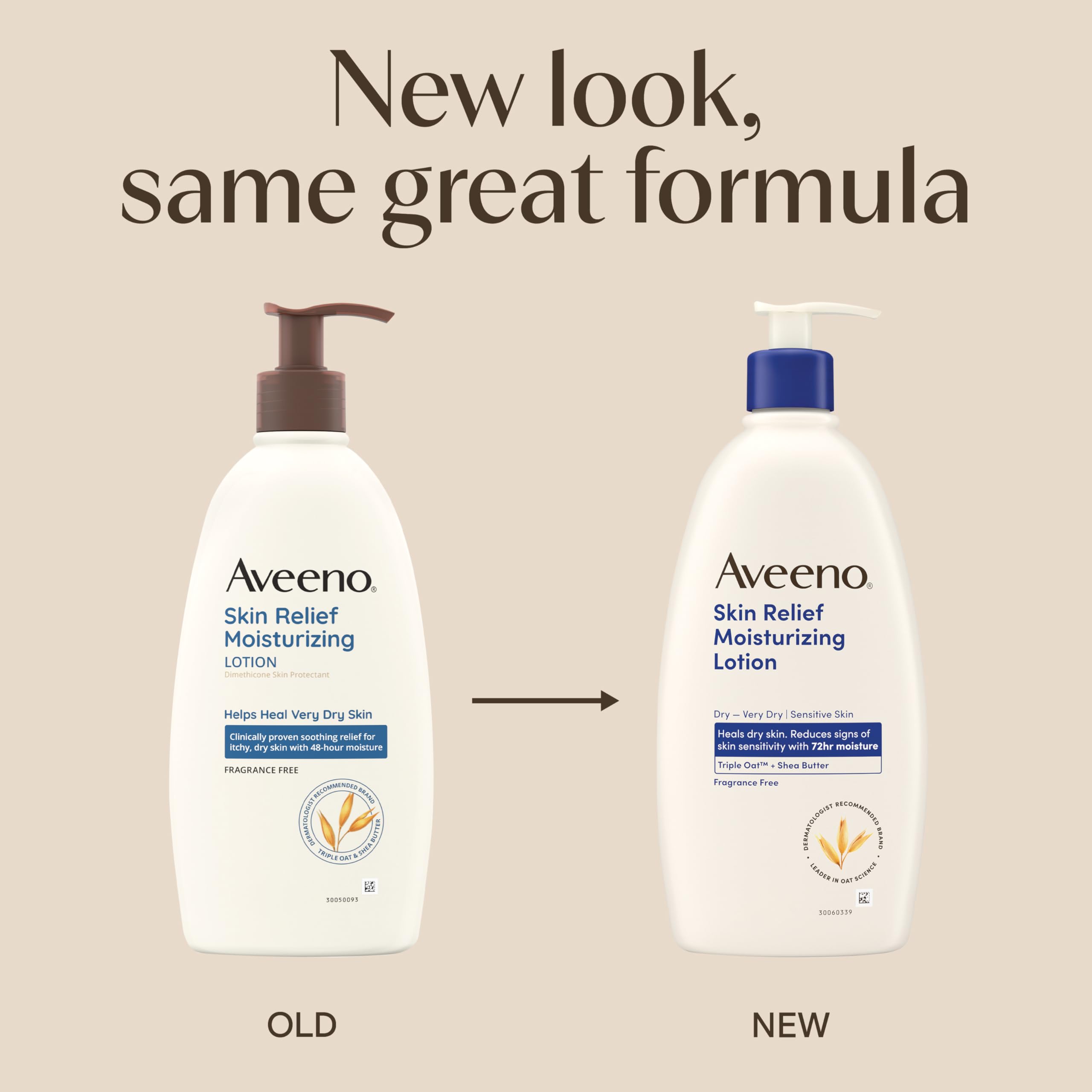 Aveeno Skin Relief Moisturizing Lotion Heals Very Dry, Sensitive Skin, Fast-Absorbing Body Lotion with Soothing Triple Oat & Shea Butter Formula, Fragrance Free, Non-Comedogenic, 18 fl. oz