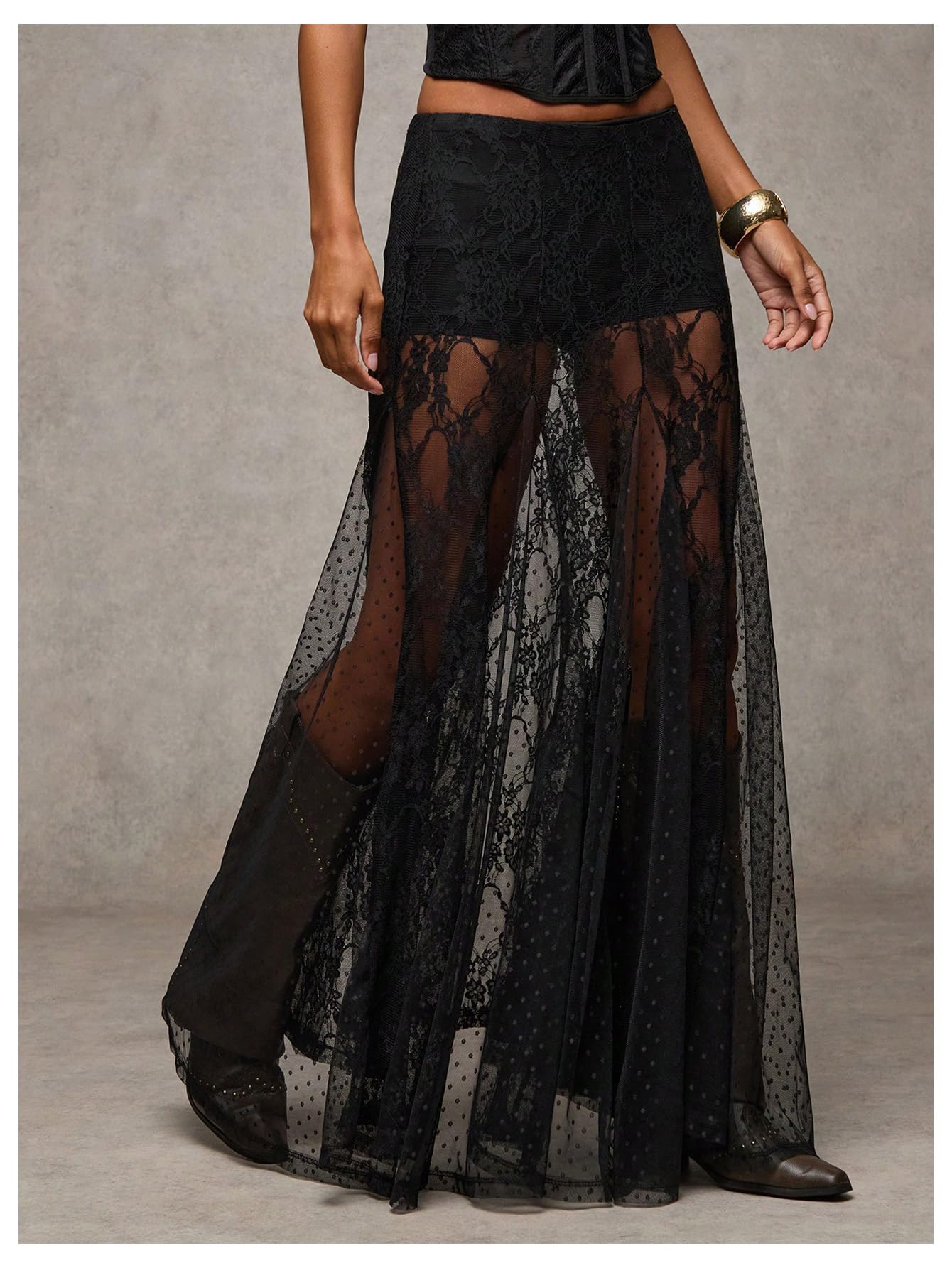 WDIRARA Women's Sexy See Through Sheer Lace Maxi Skirt Low Waist Ruffle Hem A Line Flowy Skirt Black X-Small