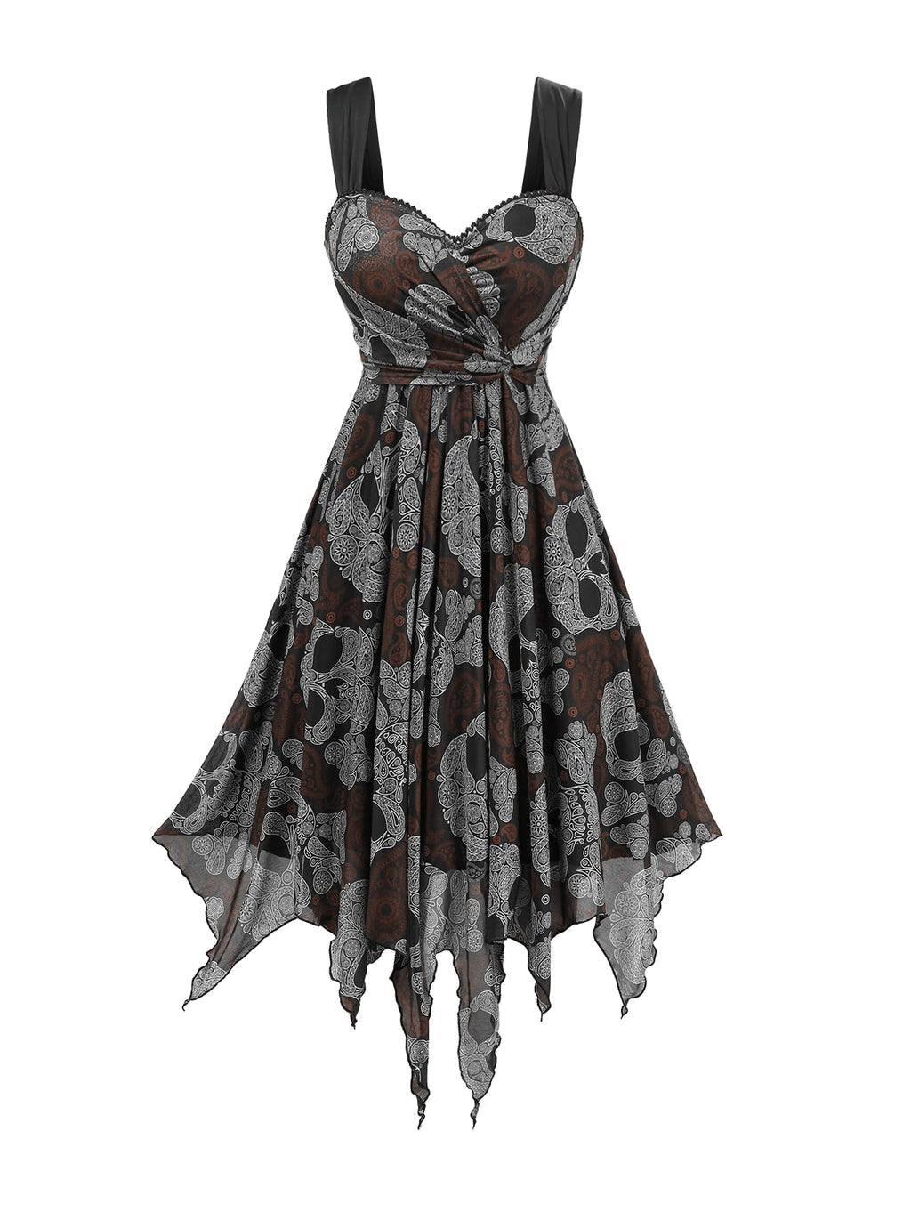 ROSE GAL Women Plus Size Retro Gothic Dress Paisley Skull Print High Waisted Layered Handkerchief Midi Tank Dress(Black/2X)