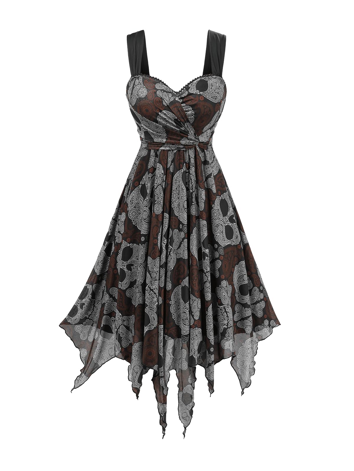 ROSE GAL Women Plus Size Retro Gothic Dress Paisley Skull Print High Waisted Layered Handkerchief Midi Tank Dress(Black/2X)
