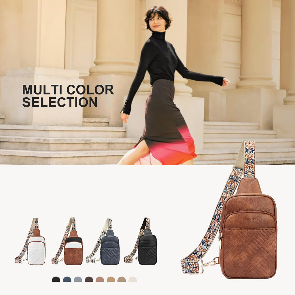 BOSTANTEN Sling Bag Quilted Crossbody Bags for Women Cross Body Purse PU Leather Fanny Pack with Adjustable Guitar Strap