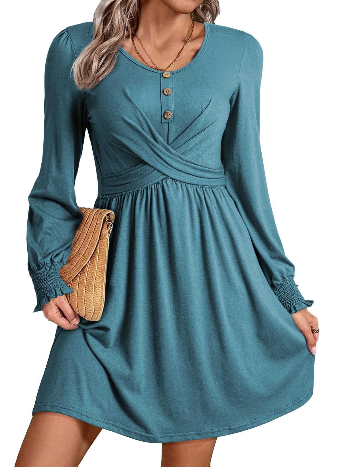 Acelitt Women's Fall Dresses 2025 Beach Casual Long Sleeve Loose Sundress Flowy Babydoll Mini Dress Country Concert Outfits for Women Canton X-Large