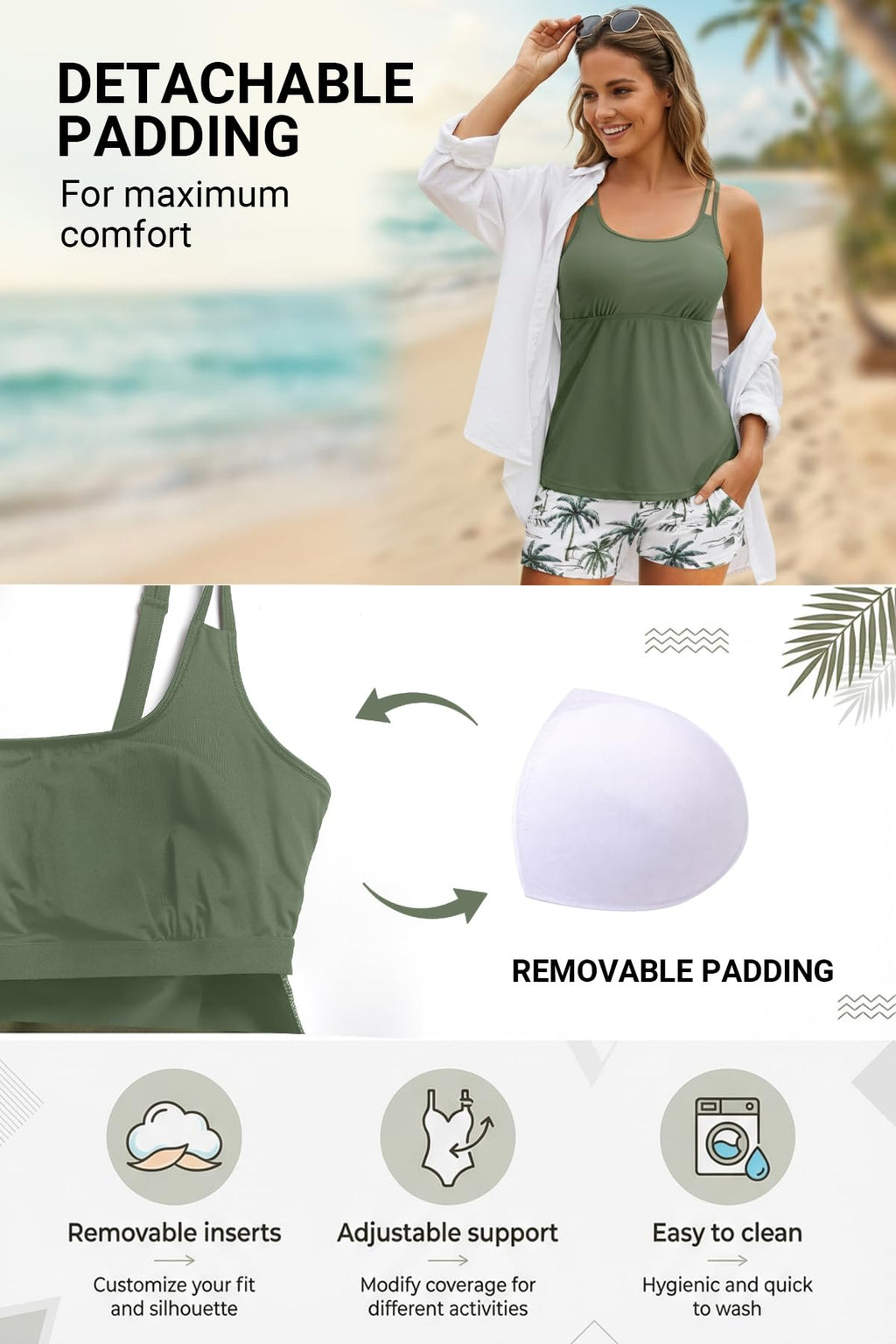 Tempt Me Green Leaves Two Piece Tankini Swimsuits for Women Tummy Control Bathing Suit with Shorts Athletic Swimwear M