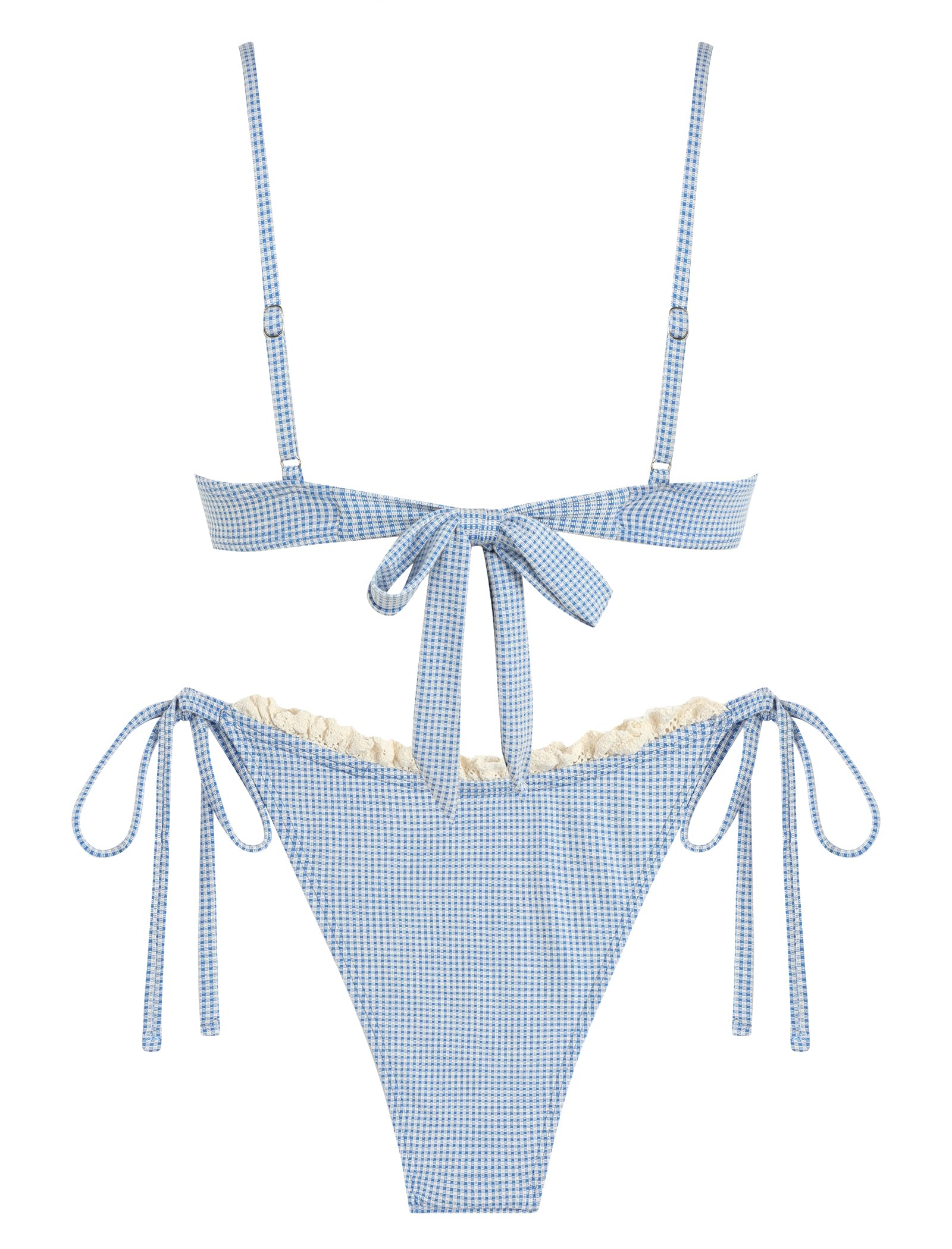 ZAFUL Women High Cut Bikini Sets String Sexy Swimsuit Two Piece Underwire Bathing Suit Brazilian Cheeky Cut Out Cute Swimwear Gingham Blue M